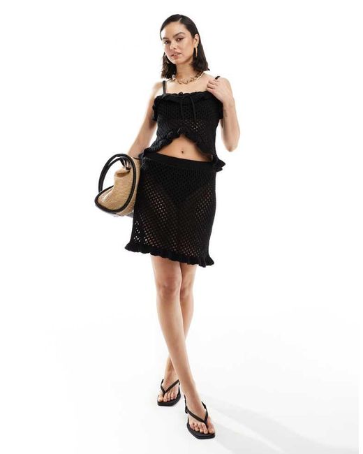 ASOS Black Knitted Crochet Cami Top With Frill And Tie Detail