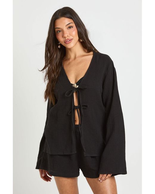 Boohoo Black Tie Front Detail Top & Short Beach Co Ord