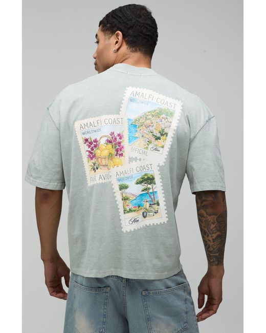BoohooMAN Gray Washed Oversized Boxy Postcard Print Extended Neck T-Shirt Cotton for men
