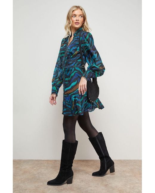 Oasis Blue Printed Lace Trim Boho Shirt Mini Dress
