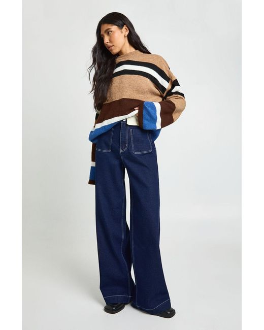 Boohoo Blue Tall High Waist Front Pocket Wide Leg Jean