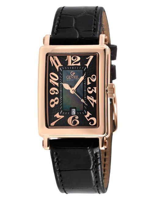Gevril Black Ave Of Americas Mini Swiss Quartz Mop Dial Watch, Genuine Leather