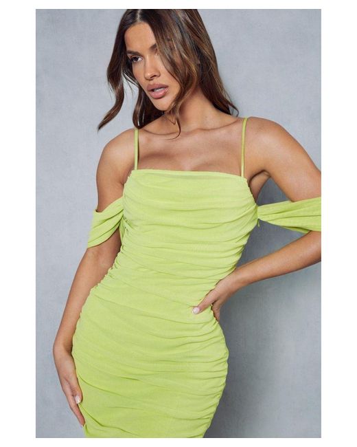 MissPap Green Premium Mesh Corseted Off The Shoulder Ruched Midaxi Dress