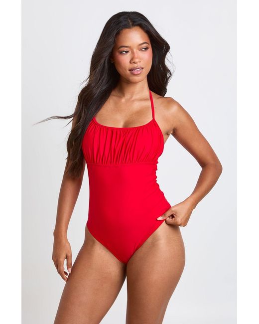 Boohoo Red Ruched Halter Neck Swimsuit