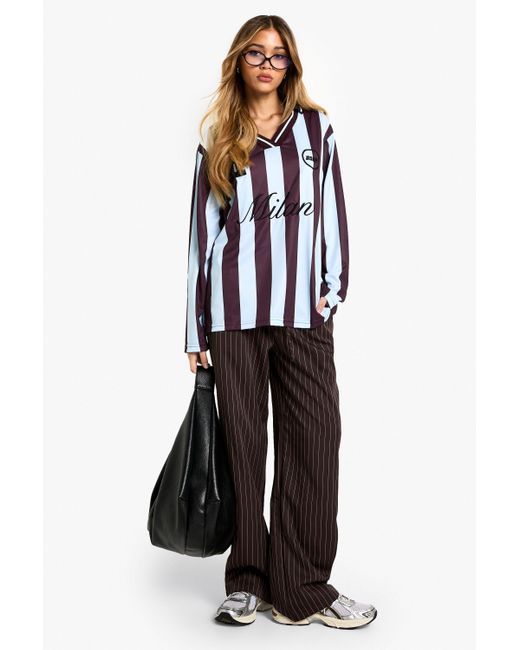Boohoo White Pinstripe Drawstring High Waisted Trouser