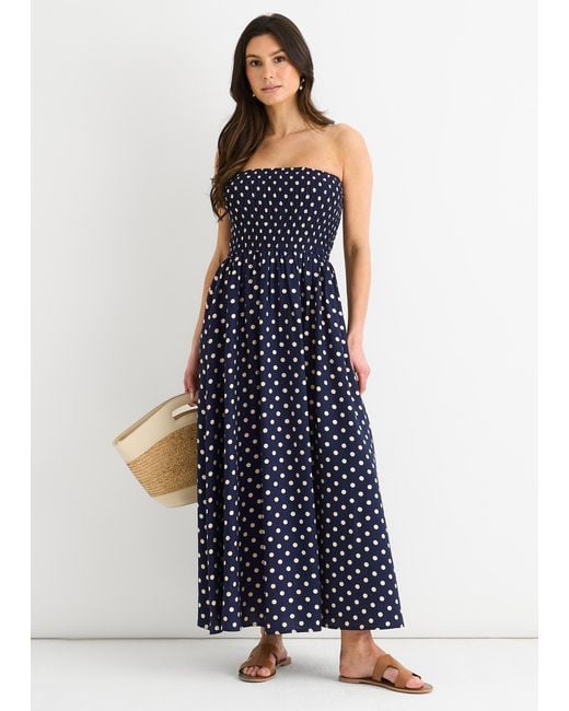 Gini London Blue Shirred Top Viscose Spot Midi Dress