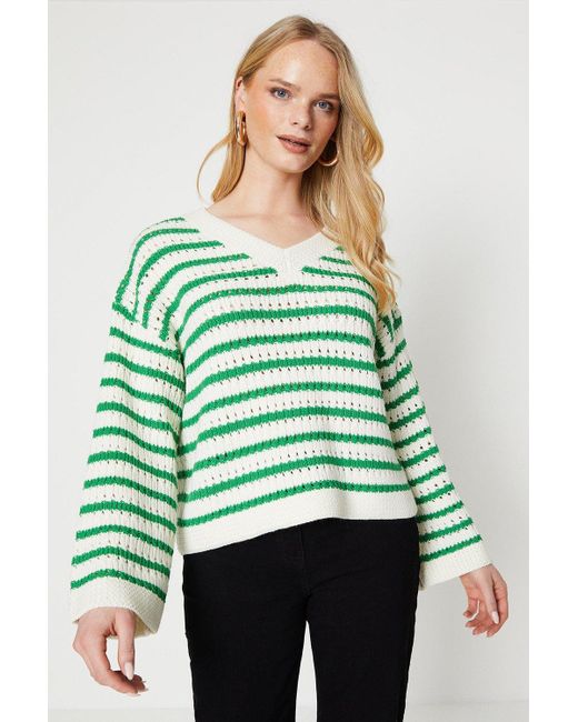 Oasis Green Pointelle Stripe V Neck Sweater