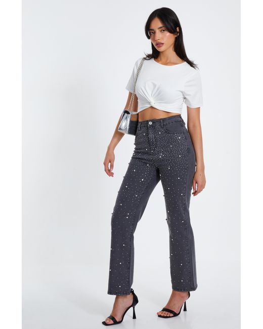 Quiz Blue Diamante Embellished Wide Leg Jeans Material_Cotton