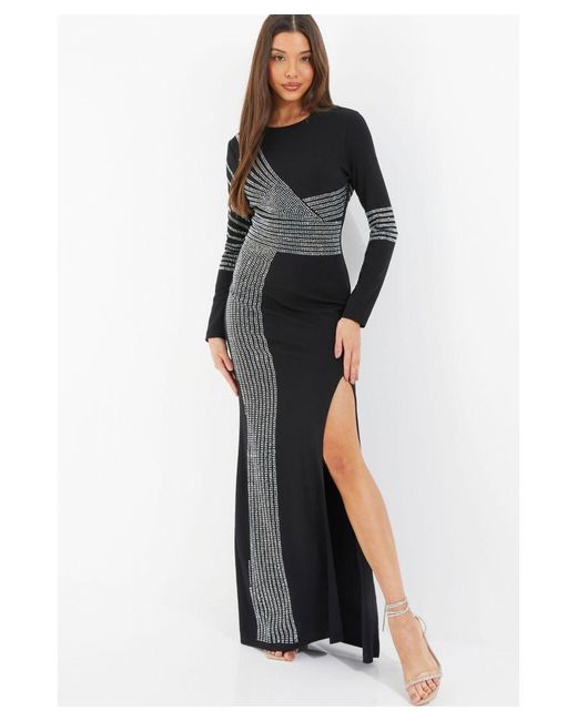 Quiz Diamante Split Leg Maxi Dress in Black Lyst UK