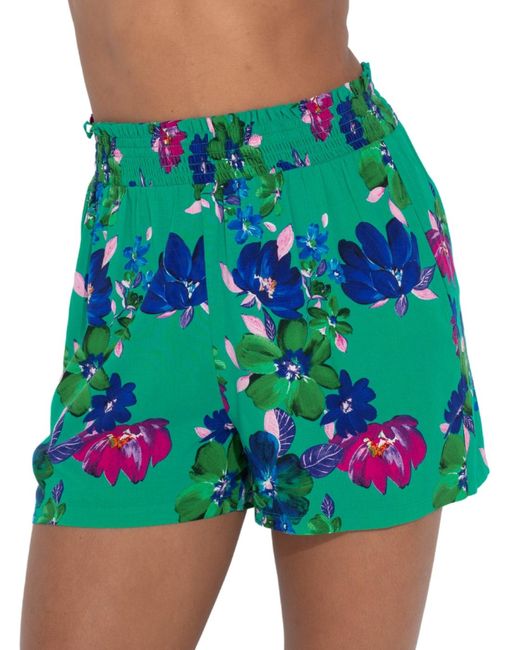 Pour Moi Green 91118 Shirred Waist Woven Beach Shorts