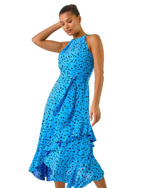 Roman Blue Spot Print Frill Hem Halter Dress