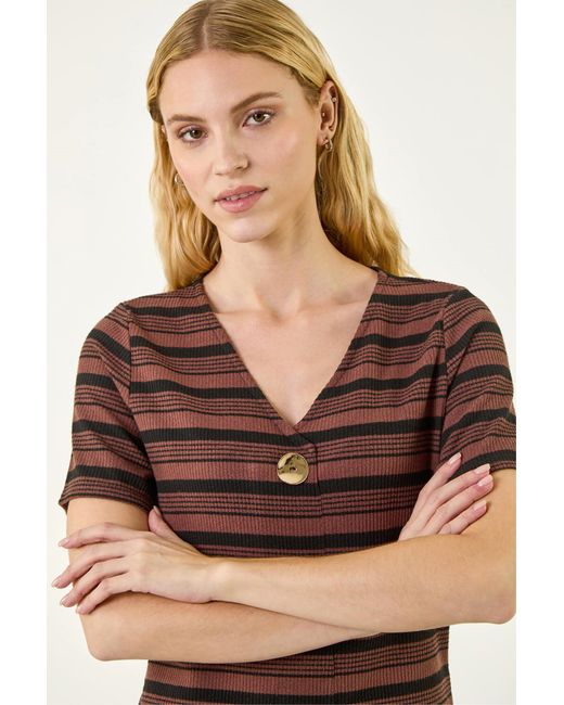 Roman Brown Stripe Mock Button Top