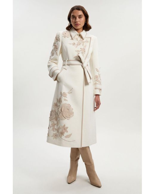 Karen Millen Natural Brushed Wool Pu Mix Placed Floral Embroidery Applique Tailored Midi Coat