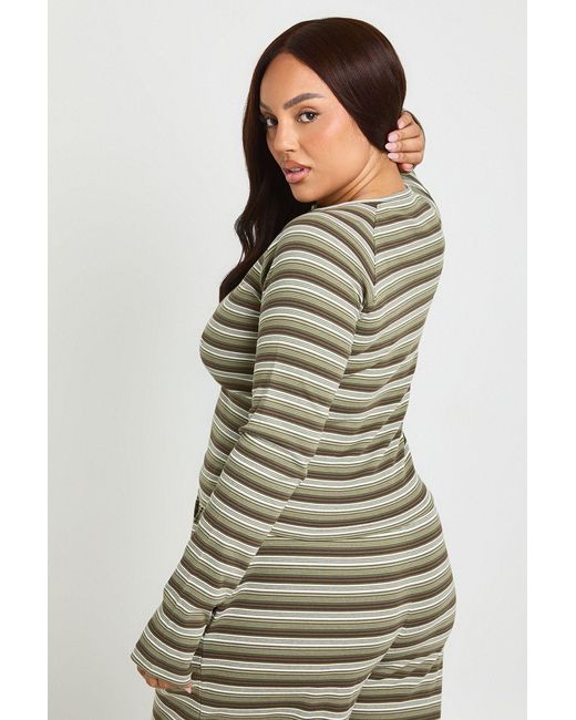 Boohoo Green Plus Stripe Button Down Long Sleeve Top