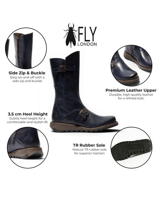 Fly London Blue Wine Mes 2 Wedge Heel Buckle Mid-Calf Leather Zip Platform Boots