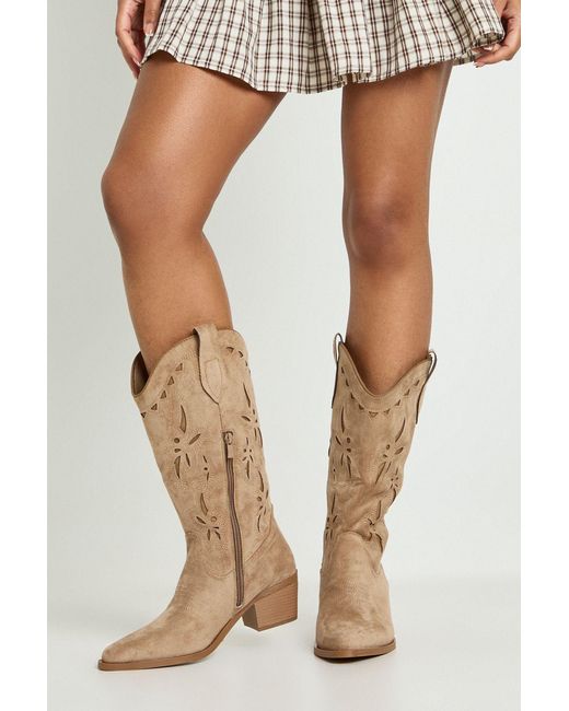 Boohoo Gray Faux Suede Cut Out Detail Knee High Western Boots