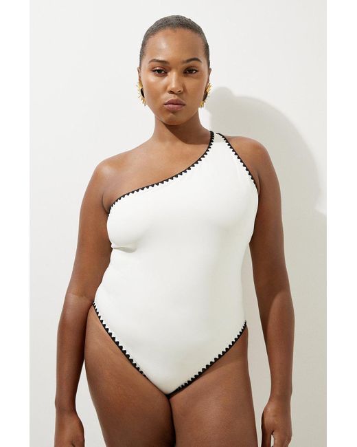 Karen Millen White Plus Size Contrast Stitch One Shoulder Swimsuit