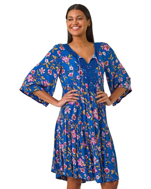 Roman Blue Floral Print Lace Detail Smock Dress