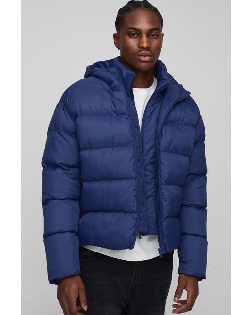 BoohooMAN Blue Oversized Boxy Faux Double Layer Hooded Puffer Jacket for men