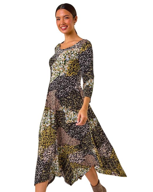 Roman Green Animal Print Hanky Hem Midi Dress
