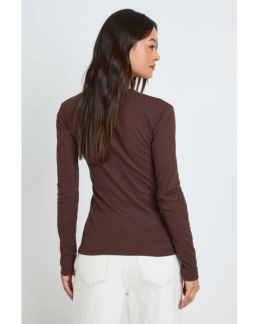 Boohoo Brown Tall Rib Button Through Long Sleeve Top