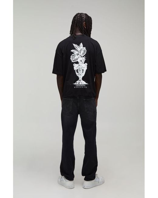 BoohooMAN Black Oversized Boxy Palm Spine Print T-Shirt Cotton for men