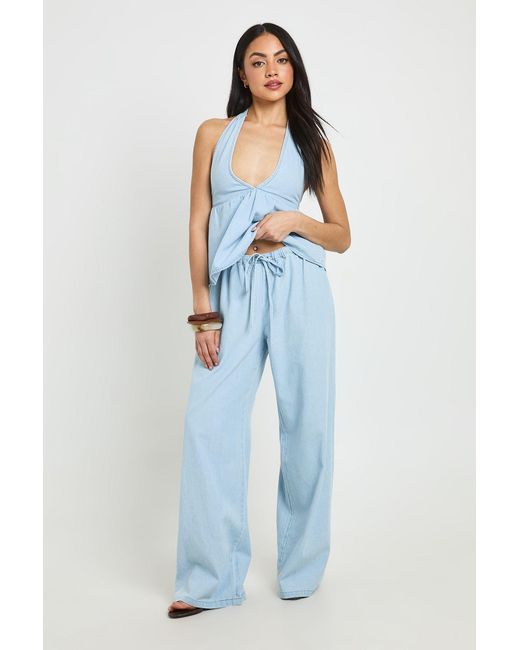 Boohoo Blue Chambray Halterneck Swing Top