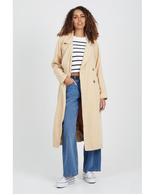 Brave Soul White Double-Breasted Longline Trench Coat With Raglan Sleeves