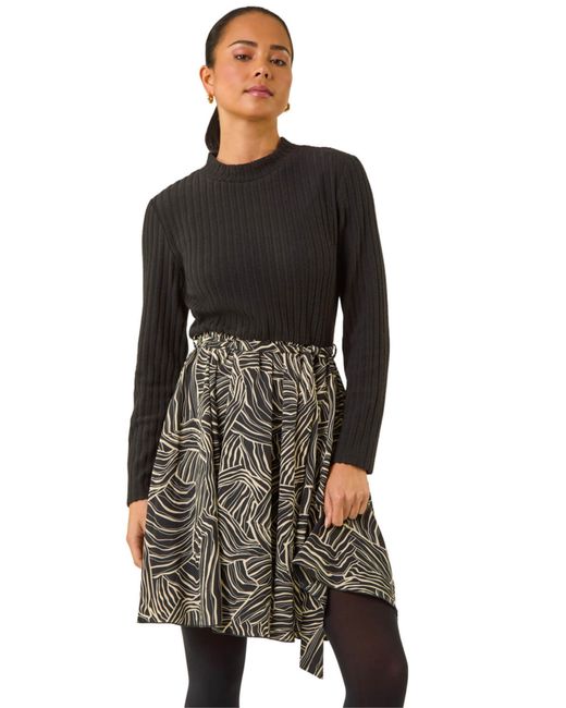 Roman Black Petite Animal Print Tie Front Knit Dress