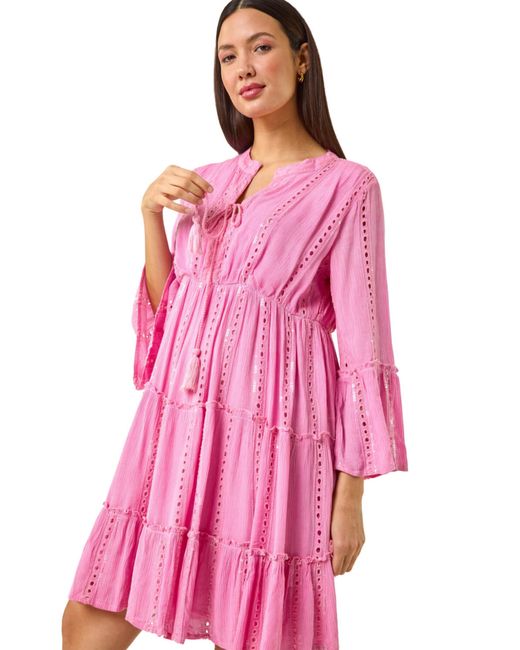 Roman Pink Shimmer Tie Detail Smock Dress