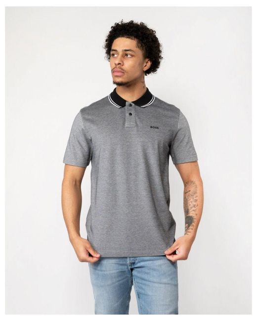 Boss Gray Boss Oxford New Contrast Collar Short Sleeve Polo Shirt for men
