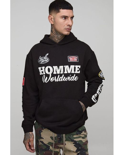 BoohooMAN Gray Tall Oversized Puff Print Moto Badge Printed Hoodie for men