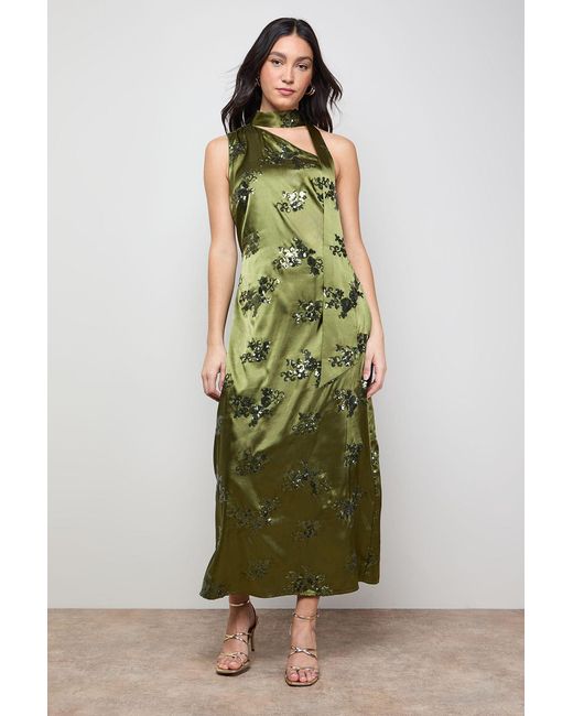 Oasis Green Sequin Satin Tie Neck Midi Slip Dress
