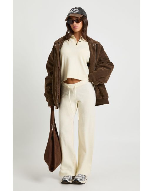 Boohoo Natural Petite Collared Button Down Oversized Knitted Jumper And Straight Leg Trouser Co-Ord