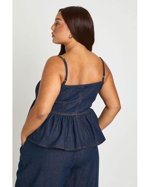 Boohoo Blue Plus Strappy Frill Hem Denim Top