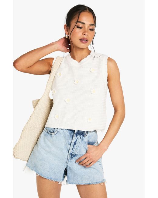 Boohoo White Floral Appliqué Crochet Knitted Top