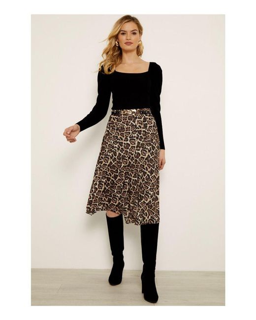 Sosandar Natural Leopard Print Panelled Asymmetric Midi Skirt