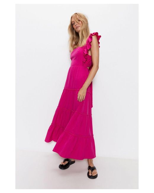 Warehouse Pink Ruffle Tie Back Tiered Midi Dress