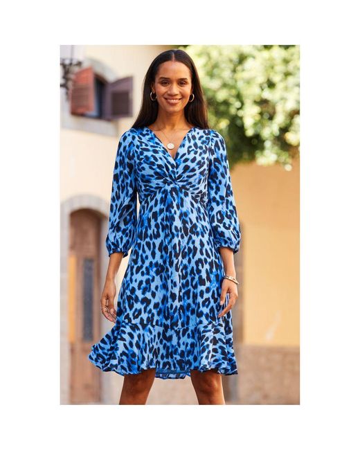 Sosandar Blue Animal Print Twist Front Fit & Flare Dress