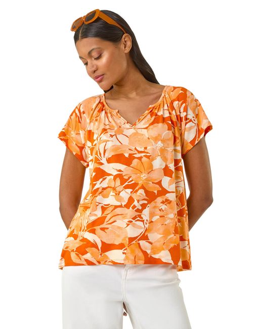 Roman Orange Abstract Print Stretch Tunic Top