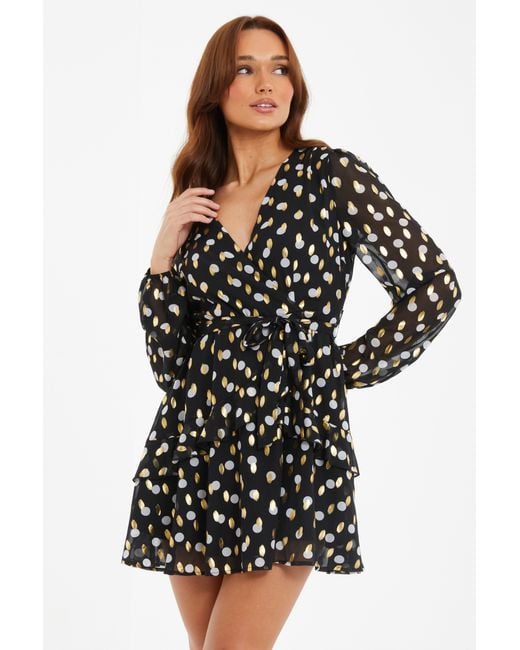 Quiz Black Polka Dot Foil Wrap Skater Dress