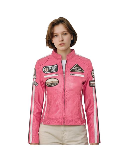 Infinity Leather Pink Biker Racing Badges Jacket-Incheon Lamb Leather
