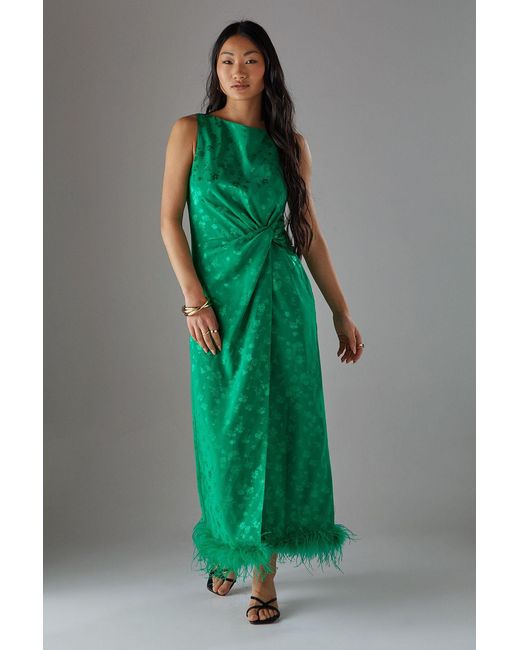 Warehouse Green Petite Satin Jacquard Feather Twist Front Cowl Back Midi Dress