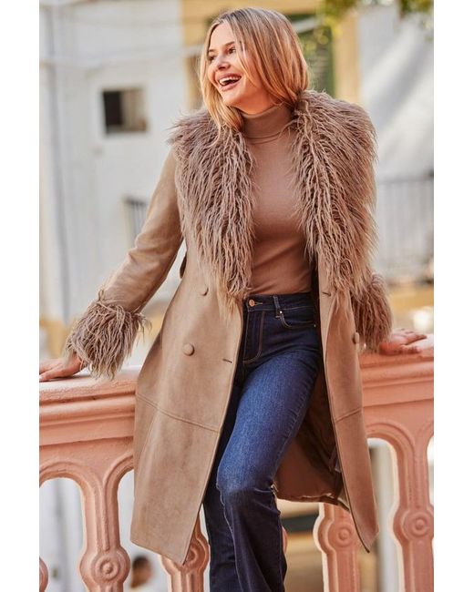 Sosandar Brown Taupe Luxe Faux Suede & Fur Afghan Coat