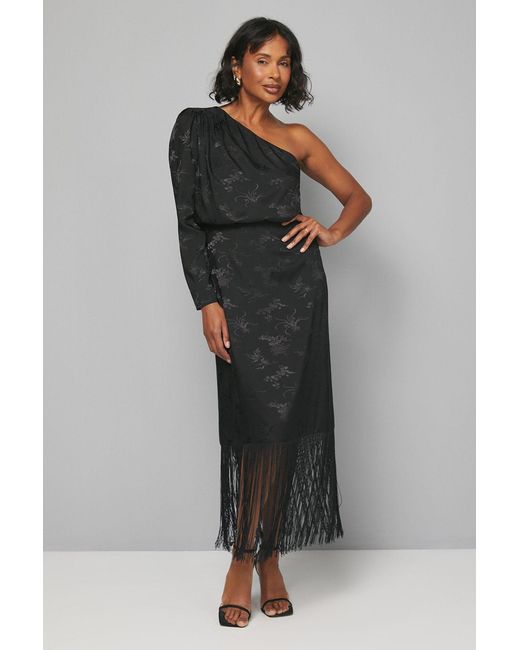 Wallis Black Jacquard One Sleeve Fringe Dress