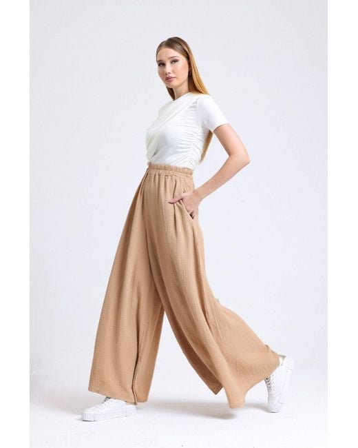 Hiccup Natural Linen High Waist Elastic Wide Leg Trousers