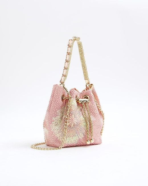 River Island Pink Bucket Bag Floral Embellished Drawstring