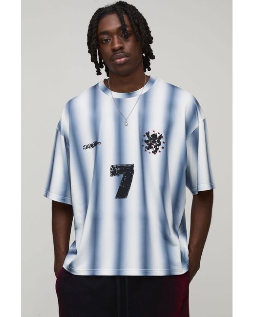 BoohooMAN Blue Oversized Boxy Stripe Spray Wash Graphic T-Shirt for men
