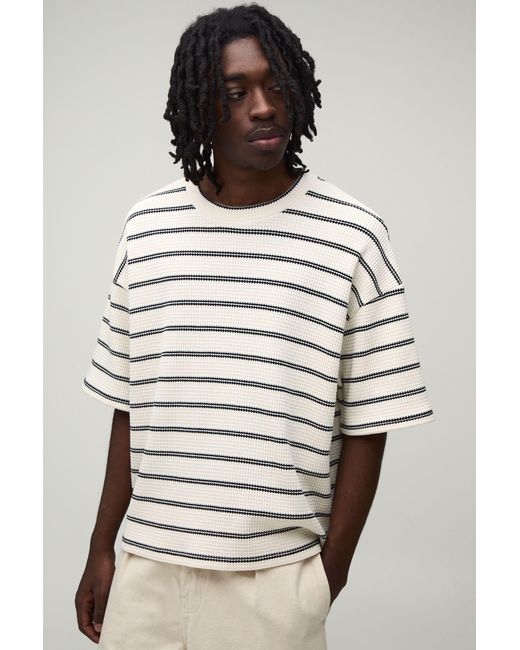 BoohooMAN Gray Oversized Boxy Stripe Waffle T-Shirt for men