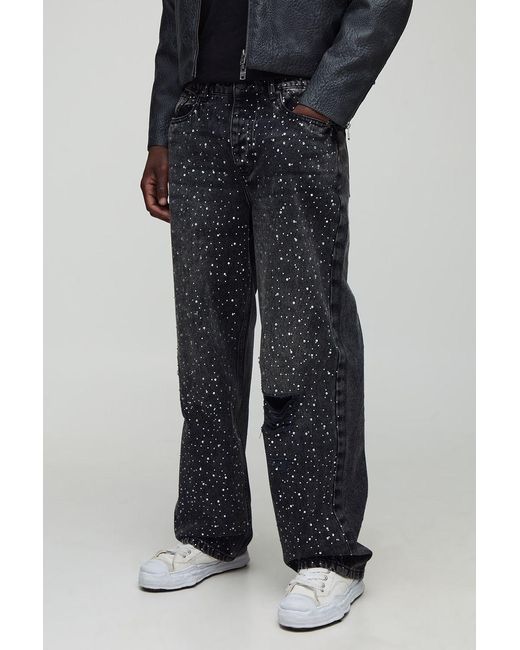 BoohooMAN Black Tall Washed Pearl & Rhinestone Ripped Relaxed Fit Jeans for men